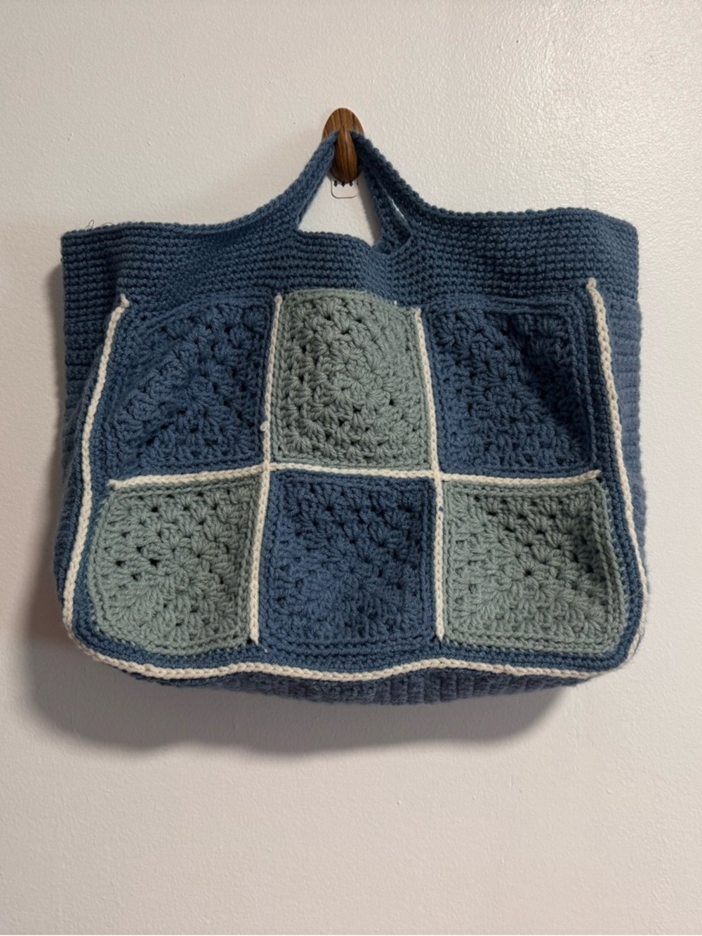 Handmade Crochet Granny Square Tote Bag Blue and Pink Boho Knit Purse - Picture 3 of 10